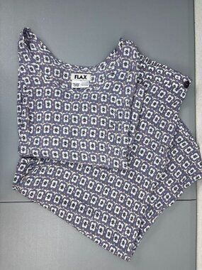 Flax large 2pc purple patterned wide leg pants short sleeve top lagenlook